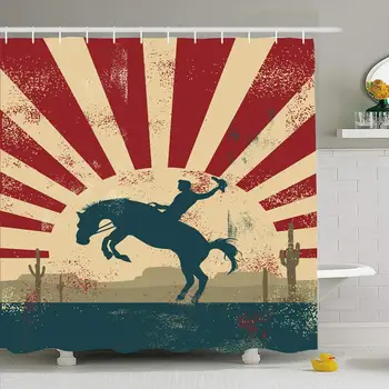 

Shower Curtain Set with Hooks 72x72 Grunge Cowboy Abuse Riding Male Ride Wild Horse Fun Sports Competition Recreation West