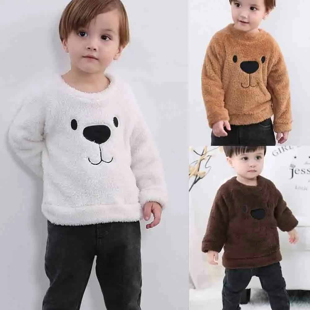 Kids Baby Girl Boy Fleece Top T Shirt Cartoon Animal Bear Thick Warm Autumn Winter Clothes Long Sleeve Toddler Blouse