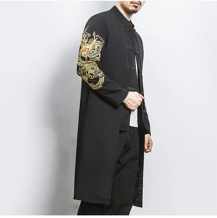 Sinicism Store, мужской свободный Тренч с вышивкой, мужская куртка в китайском стиле с пряжкой, теплый длинный Тренч,, мужские осенние пальто, большие размеры