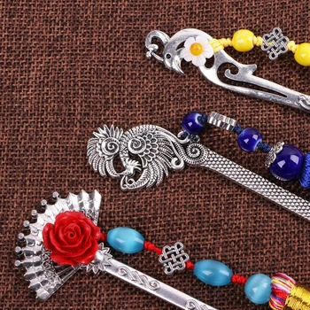 

Chinese w57 Beautiful Antique Weave Long Tassel Beads Traditional Book Page Creative School Cute Metal Bookmark