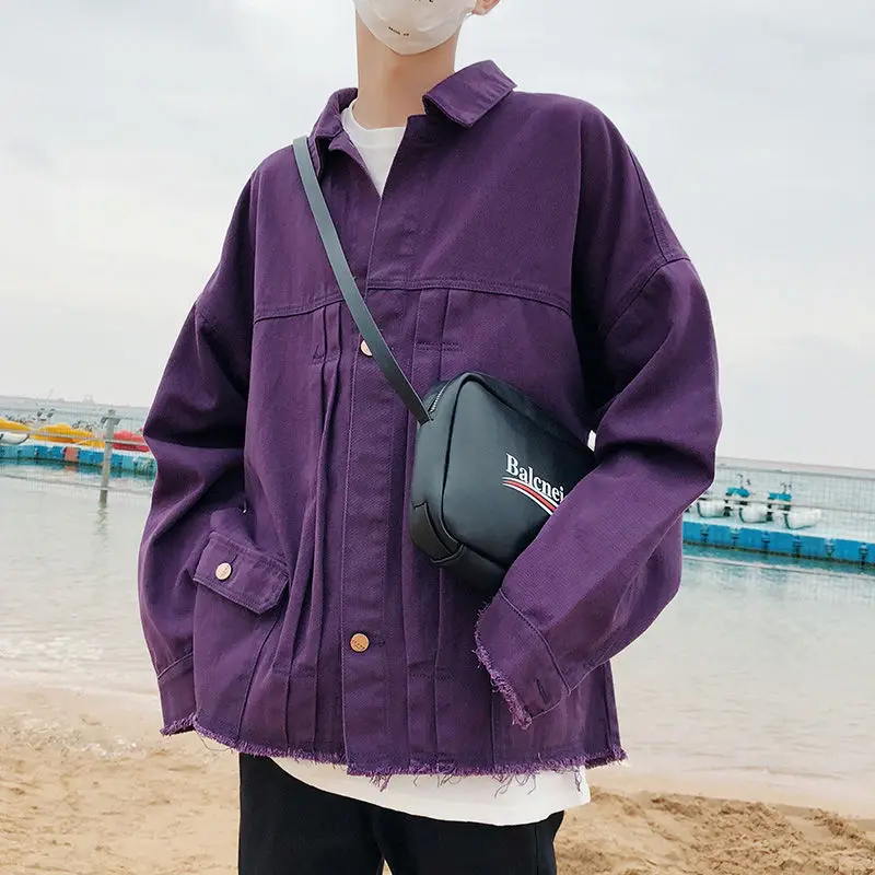 

Autumn Denim Jacket Men's Fashion Solid Color Casual Retro Denim Jackets Mens Streetwear Loose Hip Hop Bomber Jacket Men M-2XL