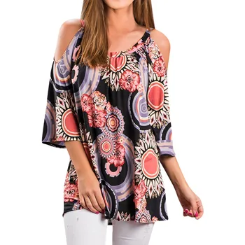 

Women's Plus Size 3/4 Sleeve Cold Shoulder Floral Print Loose Top Casual Summer Short-sleeved Hollow Out Shirt 2020 Summer*3