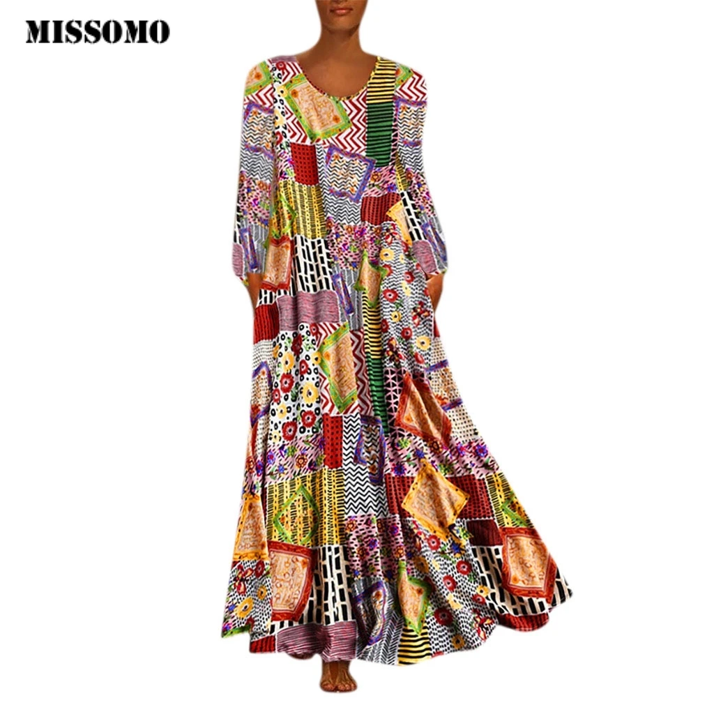 MISSOMO Макси Платье Женское vestidos с цветочным принтом в винтажном стиле платье с вышивкой длинным рукавом o-образным вырезом Свободное длинное платье женские платья robe femme