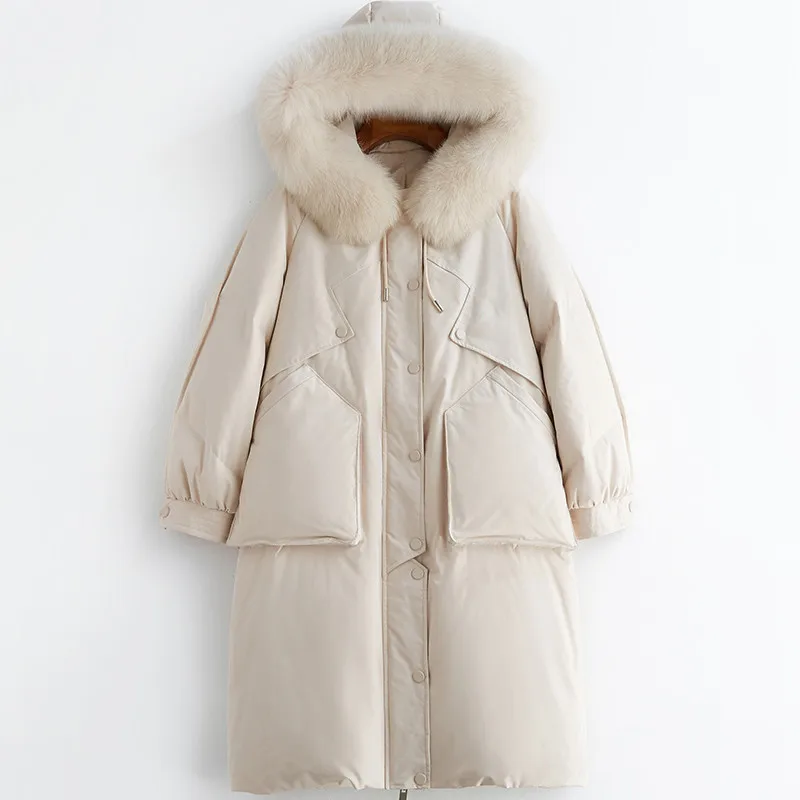 

2019 New Down Jacket Women Medium Long Fox Fur Collar Hooded Overcoat White Duck Down Thick Warm High Quality Female Coat JIU129