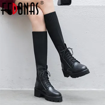 

FEDONAS New Winter Warm Women Knee High Boots Night Club Shoes Woman Genuine Leather Knitting Long Boots Fashion Riding Boots