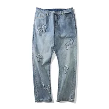 Pantalones vaqueros Retro lavados con bordado cruzado para hombre, Vaqueros informales holgados de estilo Hip Hop, moda coreana, 2021