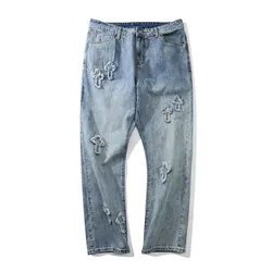Pantalones vaqueros Retro lavados con bordado cruzado para hombre, Vaqueros informales holgados de estilo Hip Hop, moda coreana, 2021
