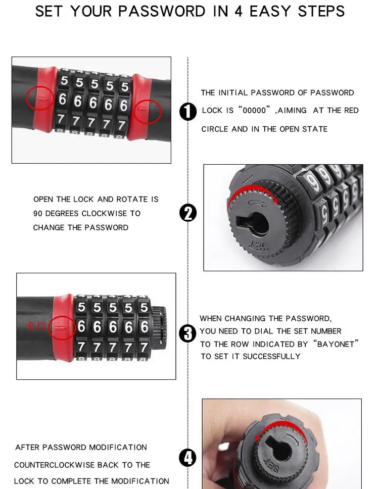 1.2m/1.5m Bicycle Chain Lock Alloy Steel Password Cable Lock On For Motorcycle MTB Mountain Road Bike Anti-theft Security Lock