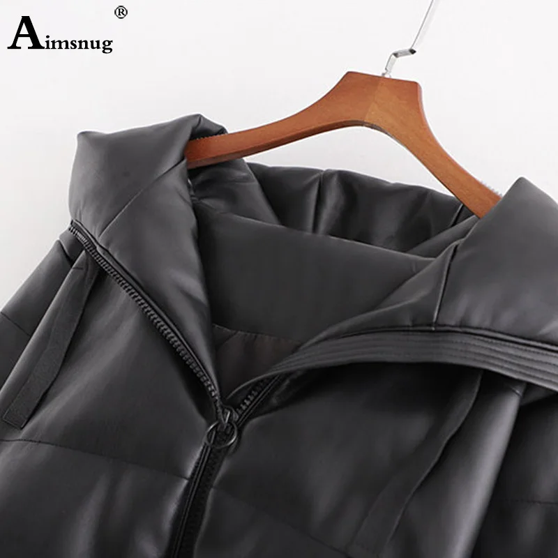Aimsnug из искусственной кожи, женские парки, модные пальто из искусственной кожи с капюшоном, элегантные хлопковые куртки на молнии, женская зимняя куртка, верхняя одежда
