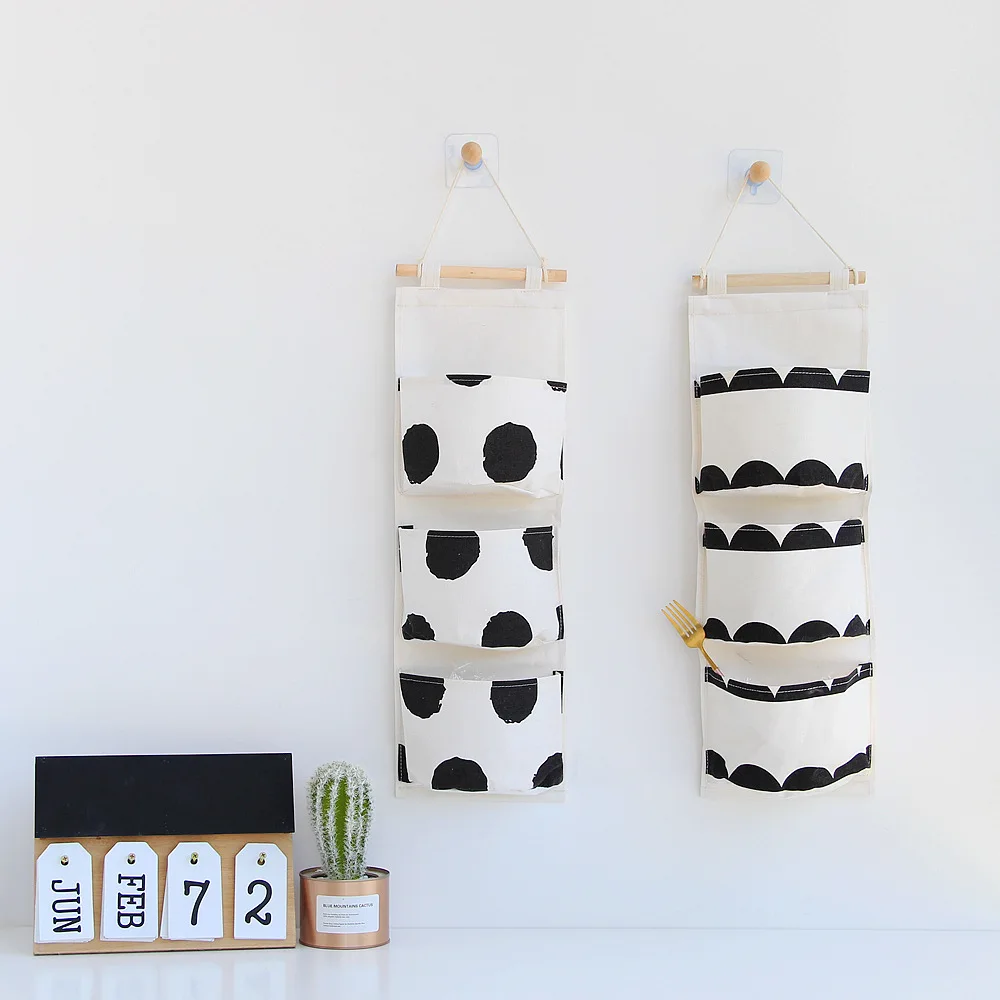 3 Pockets Hanging Storage Bag Wall Mounted Wardrobe Sundries Hanging Bag Container Fabric Cotton Pouch Cosmetic Organizer (6)
