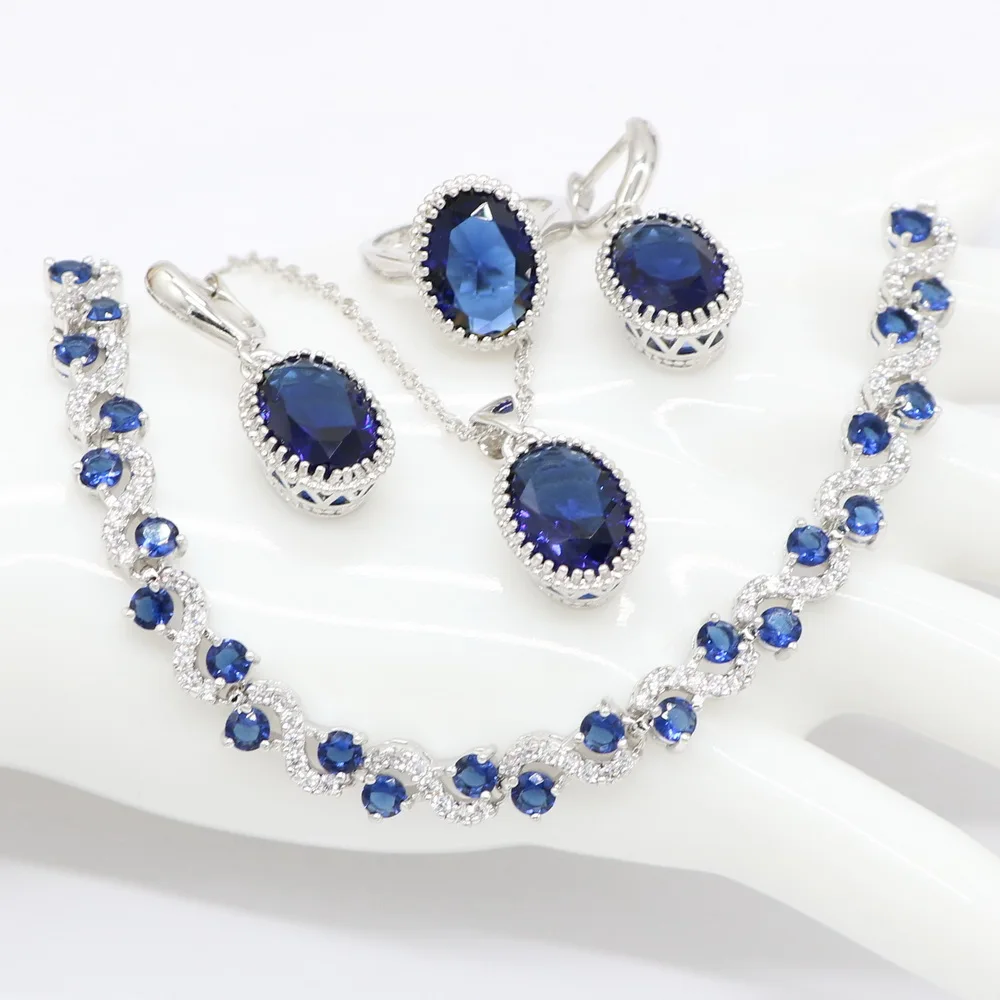 Круглый синий циркониевый Свадебный Серебряный 925 Модный кулон ожерелье серьги браслет и кольцо Ювелирные наборы для дам модный подарок