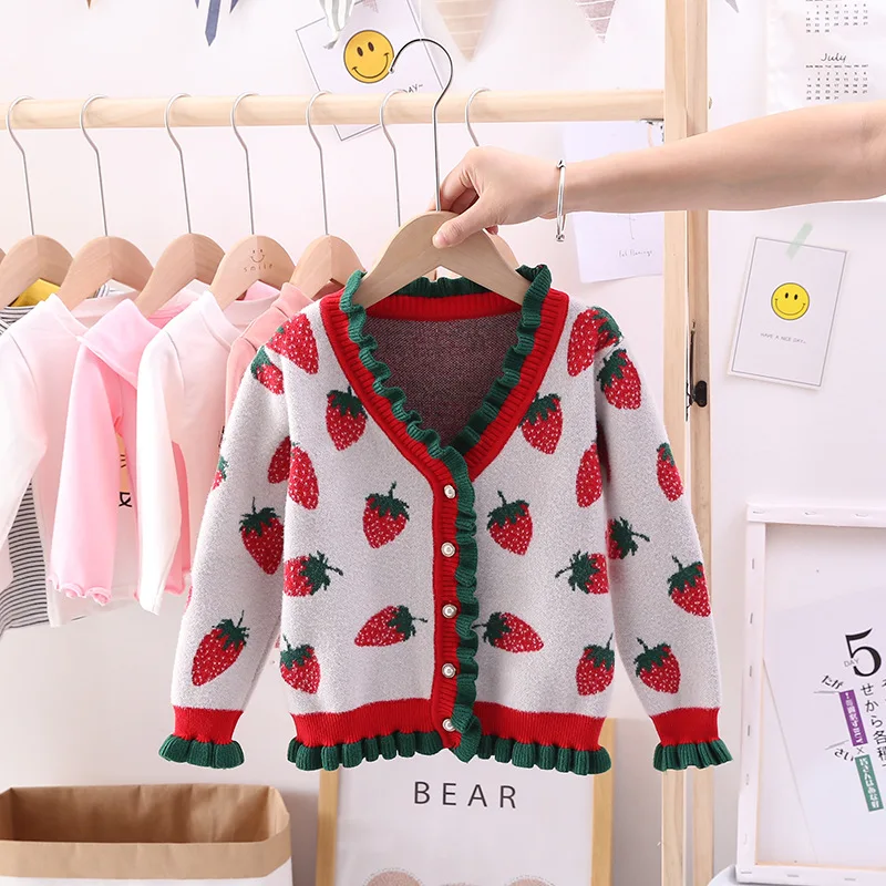 

2019 Autumn And Winter New Style Childrenswear Korean-style Girls Large Strawberry Jacquard Button Cardigan Children Lace Core-S
