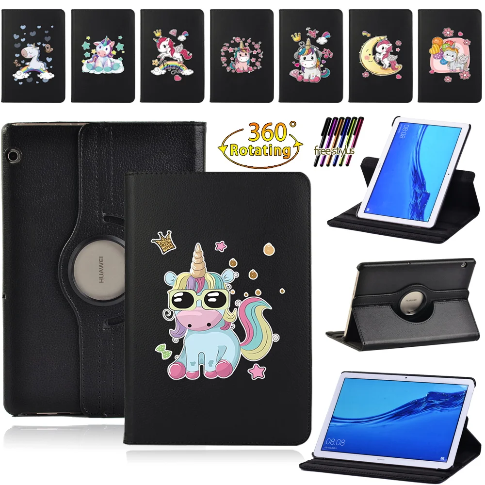 

For Huawei MediaPad T3 10 9.6"/T5 10 10.1" - Tablet PC Case 360-degree Rotatable Pu Leather Smart Case + Stylus