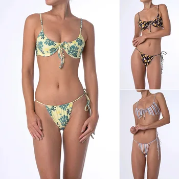 

New Floral Bikini Split Striped Prints Swimsuit Women Strap Swimsuit Rims Bikini