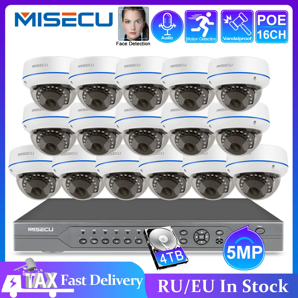 MISECU H.265 16CH 5MP POE NVR Kit AI Camera распознавание лица аудио купольная комнатная