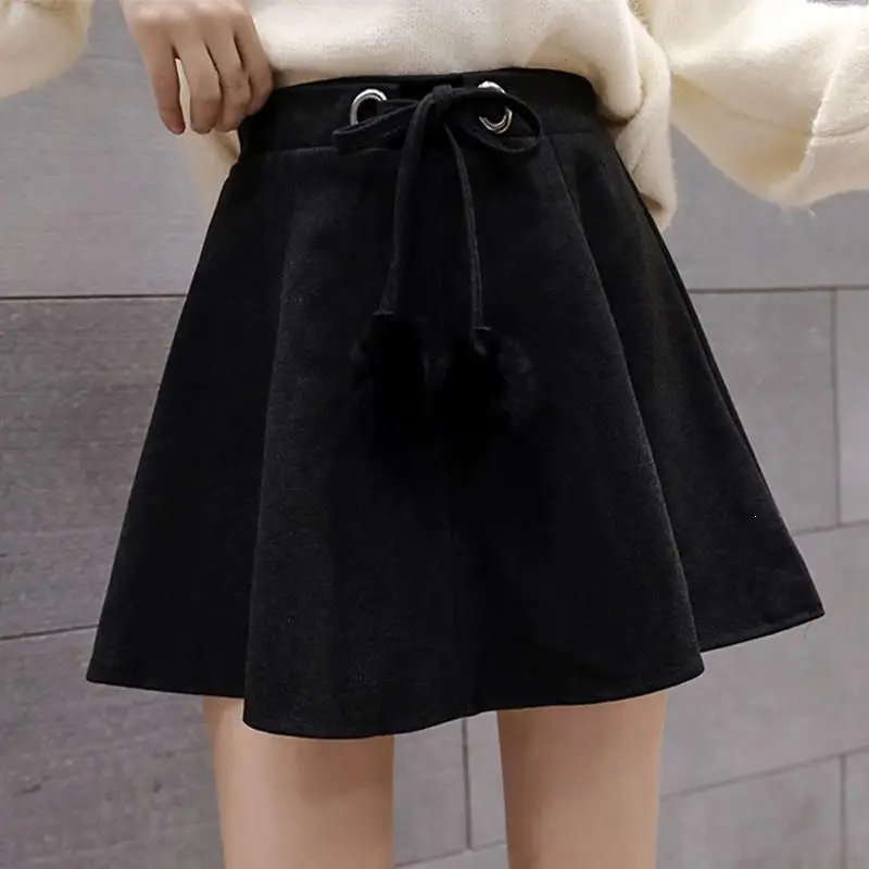 Женские шерстяные мини юбки с высокой талией, зимние юбки-карандаш с бантом и помпонами с поясом, женские модные трапециевидные юбки