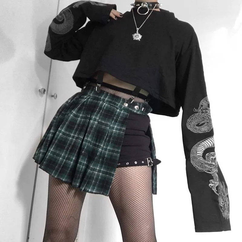 Укороченная Женская толстовка большого размера на осень с длинным рукавом и принтом дракона, черная уличная толстовка с капюшоном, свободный ремешок, джемпер в стиле панк-рок, Женский Топ