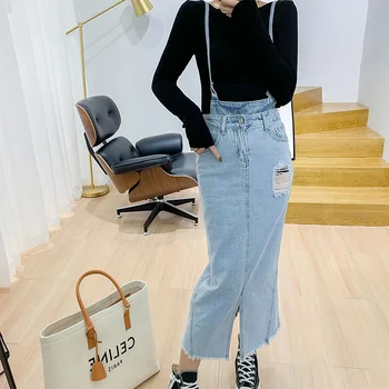 

2019 Early Autumn And Winter Jean Skirts A-Line Pencil Mid-Calf All-Match Hollow Out Female Sexy Skirts