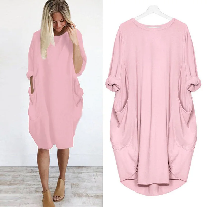 Casual Loose Dress With Pocket Women's Spring Summer Fashion Solid Color O-Neck Long Sleeve White Dresses Big Size S-5XL 10