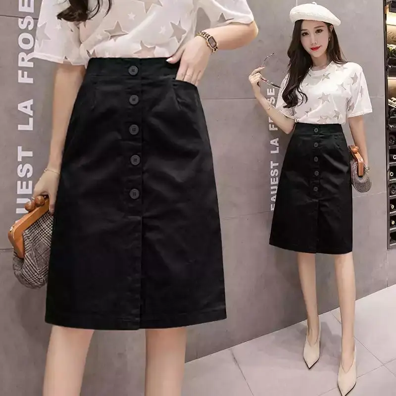 

High Waist Midiskirt For Women Summer New Skirts Bodycon Fashion Casual Elastic Waist A-Line Split Red Black White Cotton