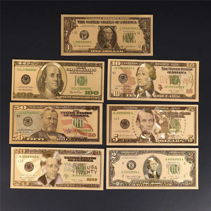 7Pcs/Lot Gold Plated US Dollar Fake Paper Money Banknotes fake money prop toy gold plated banknote commemorative banknotes Crafts For Collection Home Decor