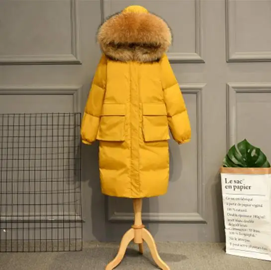 Yellow Brown Fur Зимняя женская белая куртка-пуховик на утином пуху, теплая Толстая длинная парка с капюшоном и большим воротником из натурального меха, верхняя одежда, свободное Женское пальто RH01058 - Цвет: Yellow Brown Fur