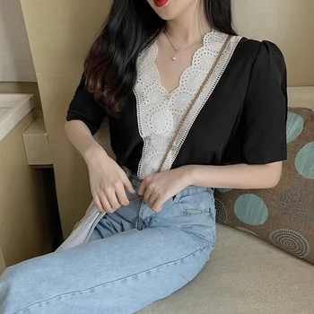 

Women Summer Shirts Kawaii Ulzzang Lovely Lace Stitching V-neck Shirt Female Sweet Harajuku Tunic For Women's Cute Top Casual