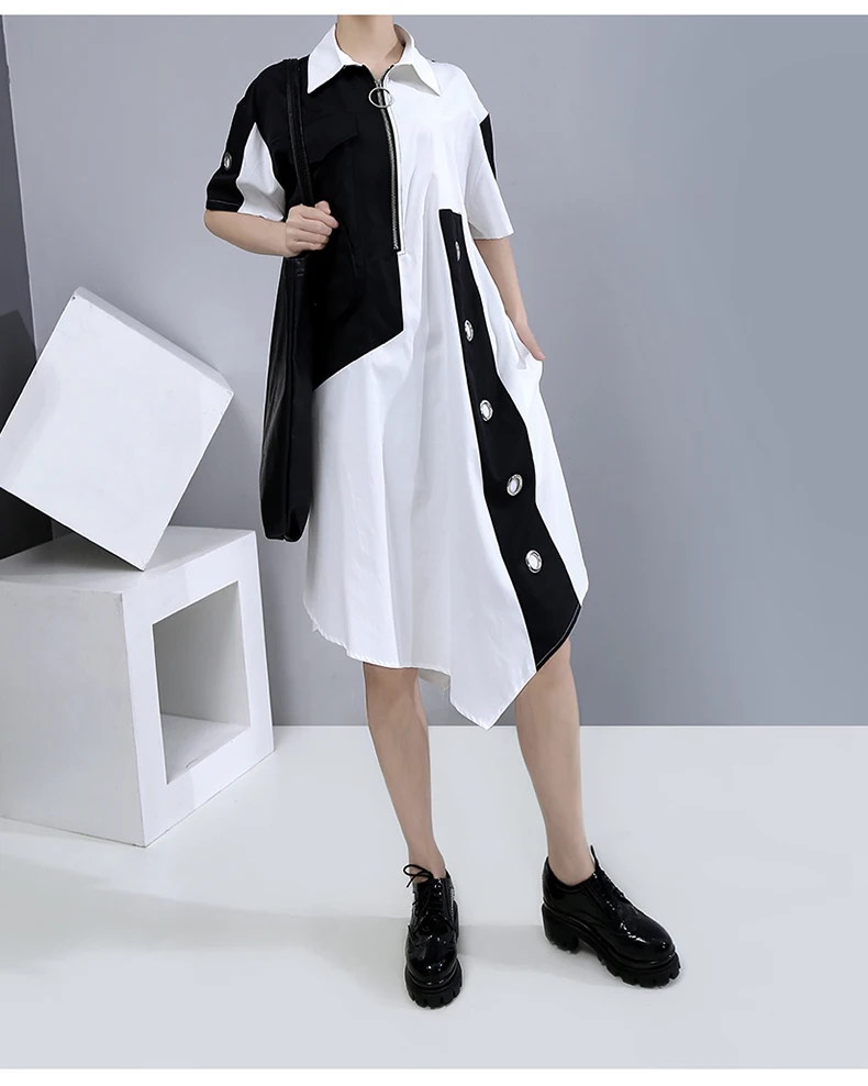 New Fashion Unique Style Tide Shirt Dress Zipper Pocket Patchwork Plus Size Dresses