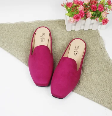 rose red Женские тапочки из флока обувь на плоской подошве без каблука с острым носком Летние удобные шлепанцы, Милые простые слипоны для женщин, большие размеры 44-33, розовый цвет - Цвет: rose red
