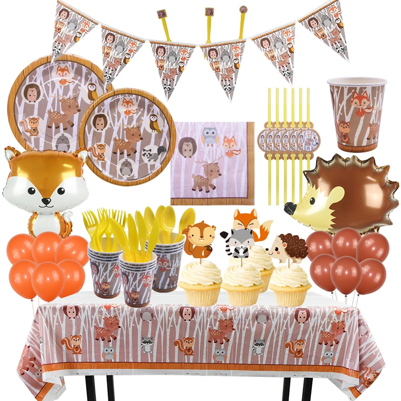 Decoration De Fete Sur Le Theme De La Jungle Ensemble De Vaisselle Jetable Decoration De Gateau D Anniversaire Pour Enfants Ballons Animaux De La Foret Renard Herisson Fete Prenatale Aliexpress