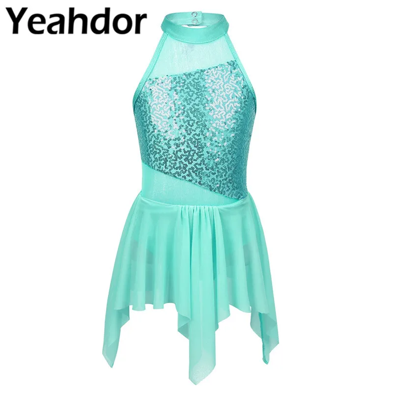 Kids Girls Sleeveless Sequins Cutout Back Ballet Leotard Tutu Dress for Lyrical Modern Contemporary Solo Ballroom Dance Dress