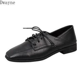 

British style two small shoes women 2020 new Korean low-heeled wild black soft leather lace-up casual shoes