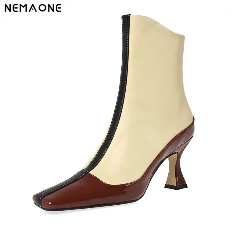 

NEMAONE leather high heels Ankle Boots mixed colors Autumn Winter Party Wedding Pumps Ladies square Toe Basic Boots size 42 43