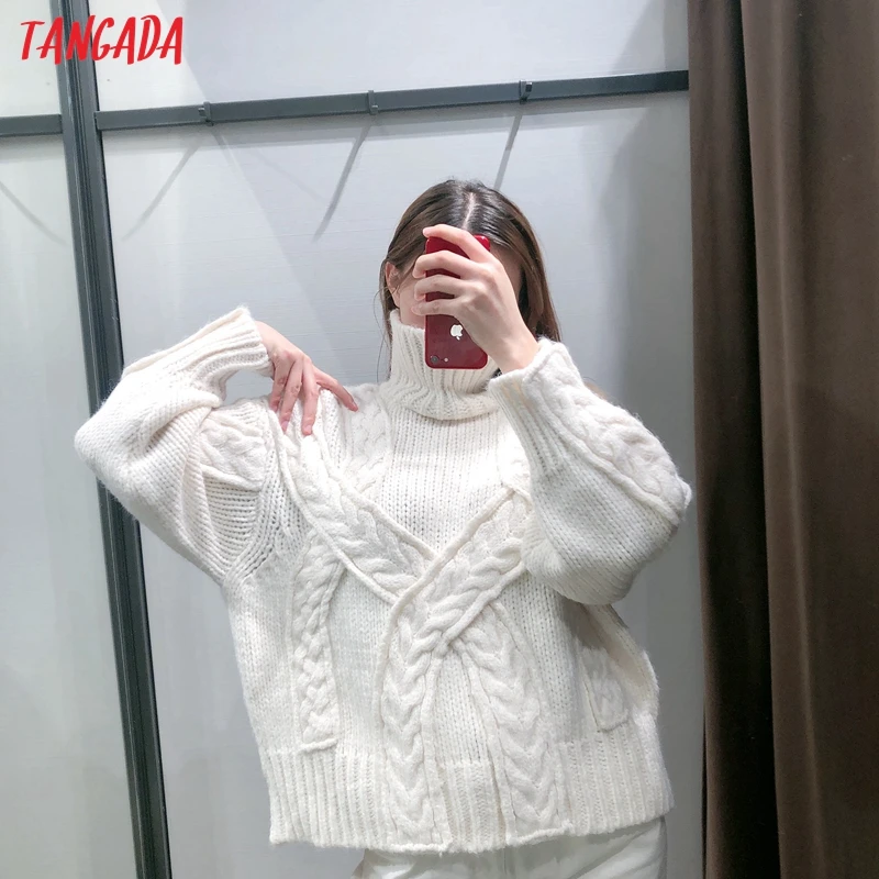 Tangada, женские винтажные одноцветные негабаритные джемперы с воротником, толстые теплые зимние свитера с длинным рукавом, трикотаж 3H23