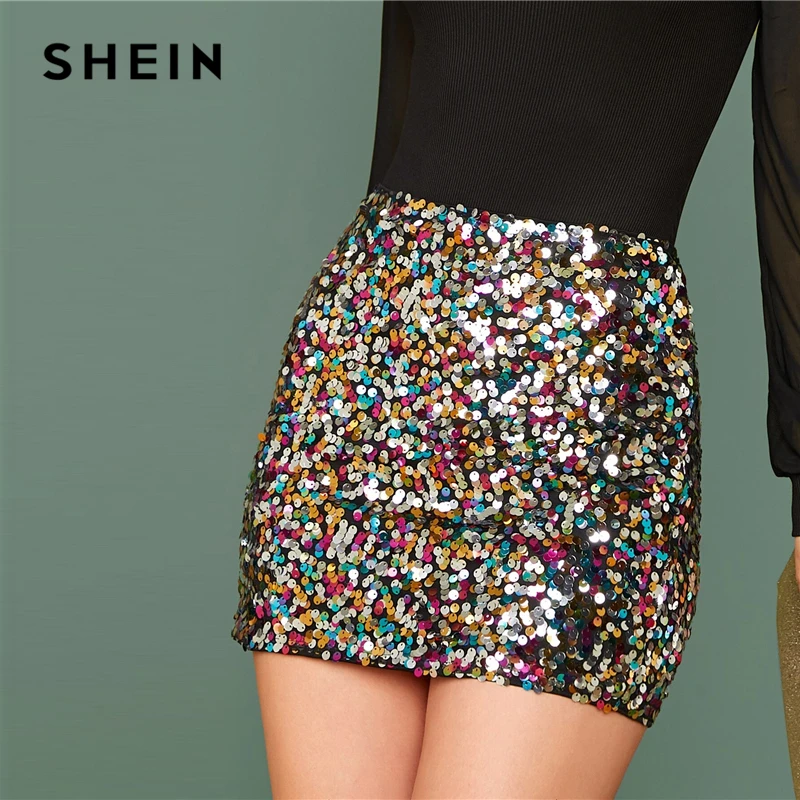 Goedkoop SHEIN Multicolor Glamorous Kleurrijke Sequin Rokken Womens Lente Herfst Nightout Mid Taille Party Bodycon Mini Rok