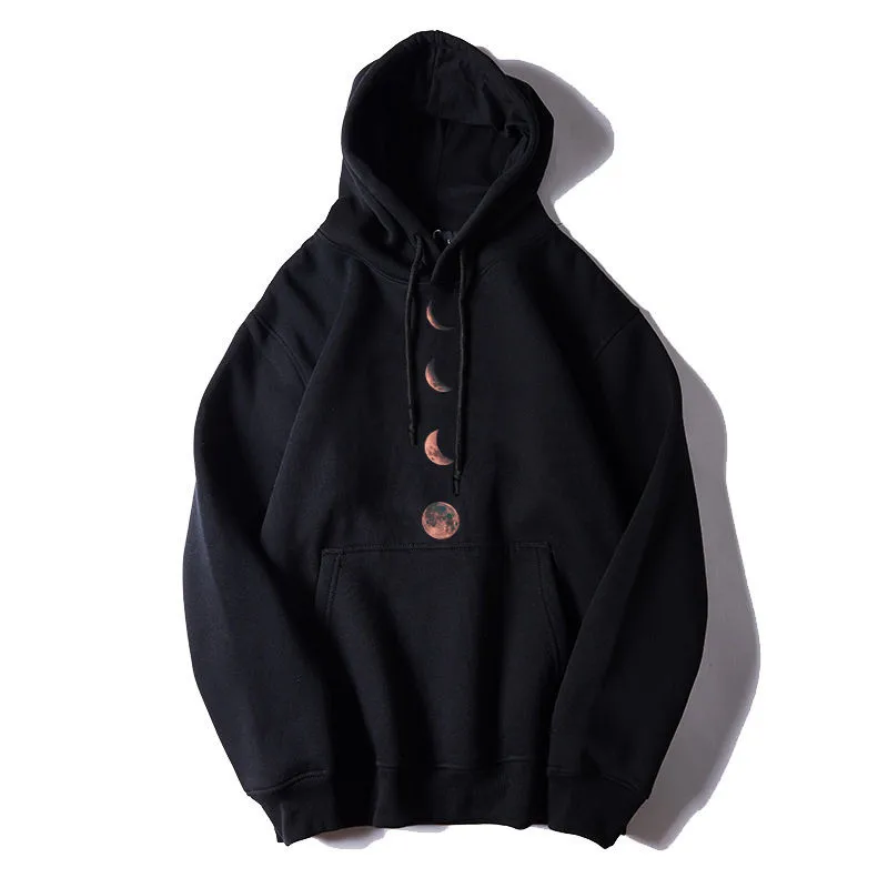 Solto com Capuz Moletom da Moda Masculino com Estampa de Lua Moletom Alta Harajuku Japão Streetwear Casual Manga Comprida Rua
