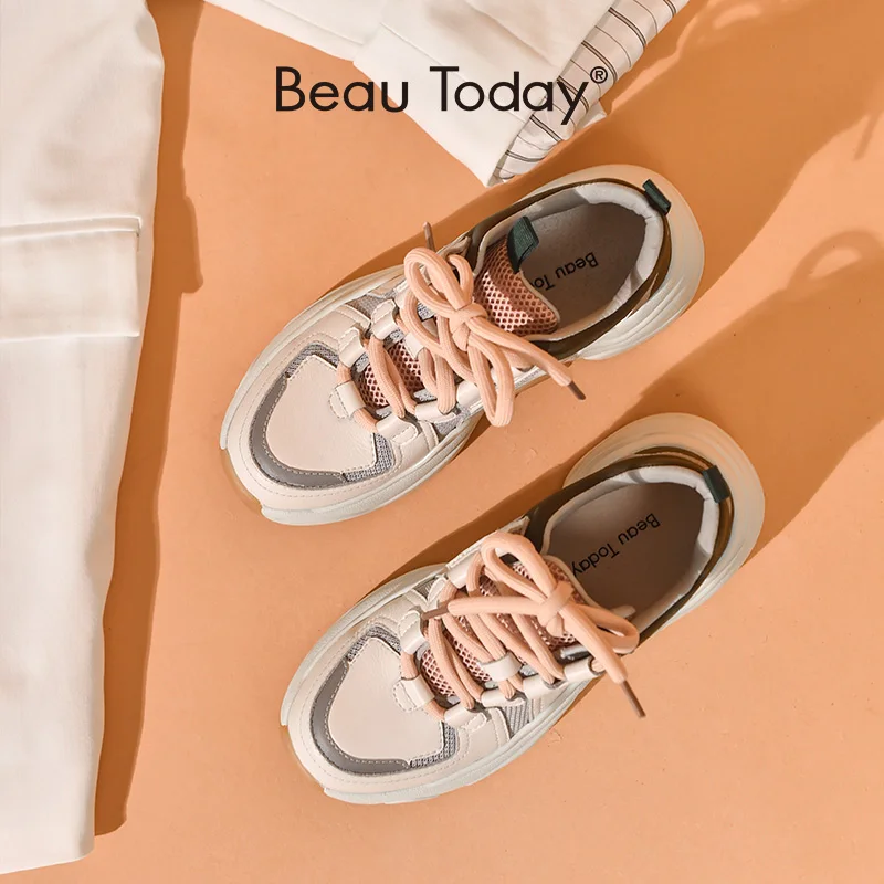 Женские кроссовки столбики BeauToday из натуральной коровьей кожи с перекрестной