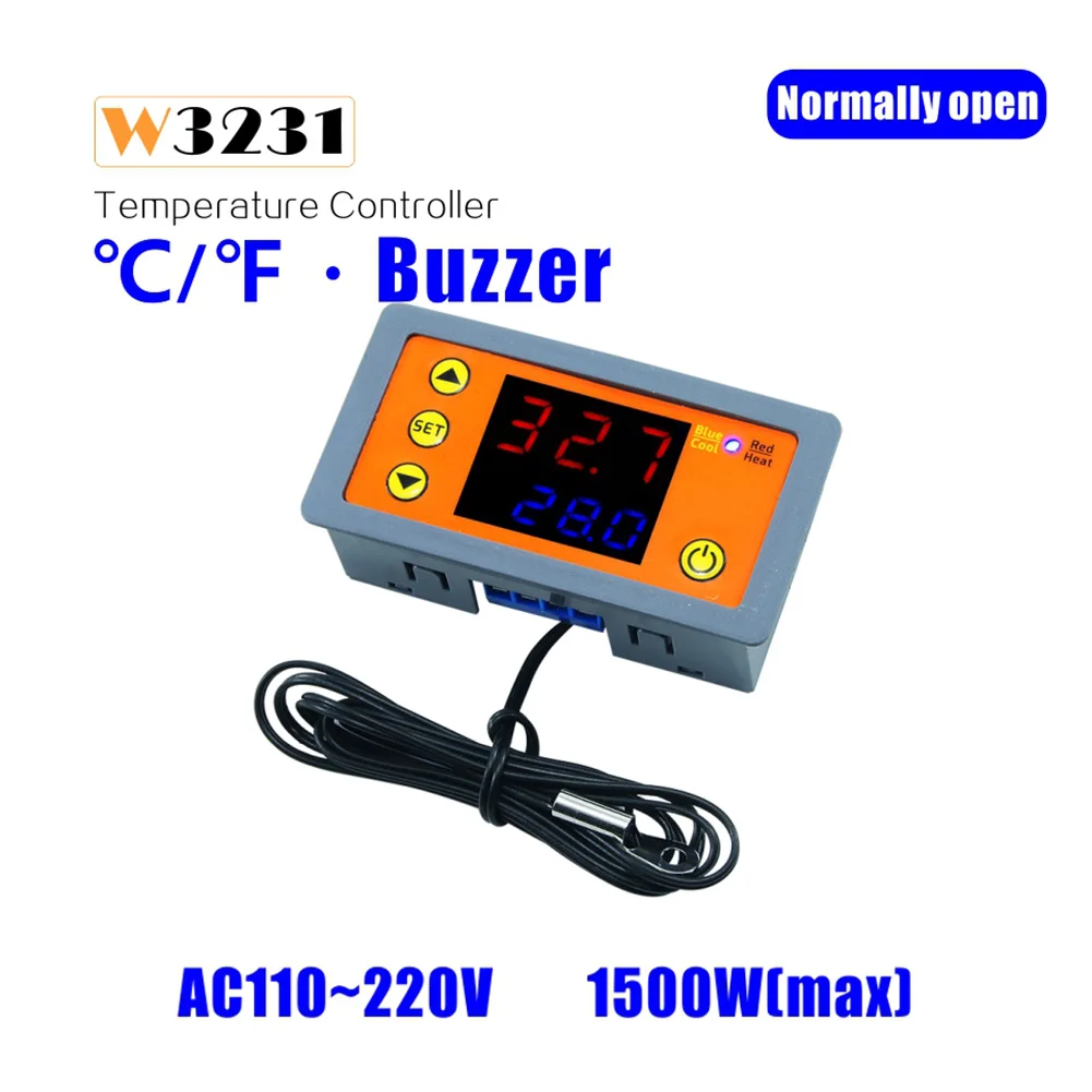 

Digital Temperature Controller W3231 12V 24V DC 110-220V AC Dual Color LED Display NTC Sensor Heating Cooling Control Thermostat