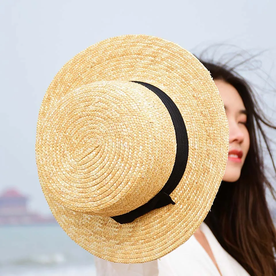 Летняя женская пляжная шляпа Boater Повседневная Панама шляпа Женская Классическая плоская бант Соломенная женская Солнцезащитная шляпа лента круглый плоский Топ Fedora