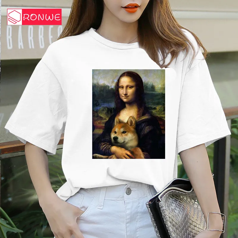 

Women's Mona Lisa Spoof Personality Oil Painting Doge Dog T-shirt Female 2020 Summer Tshirt Girl Vintage 90s Korean Clothes