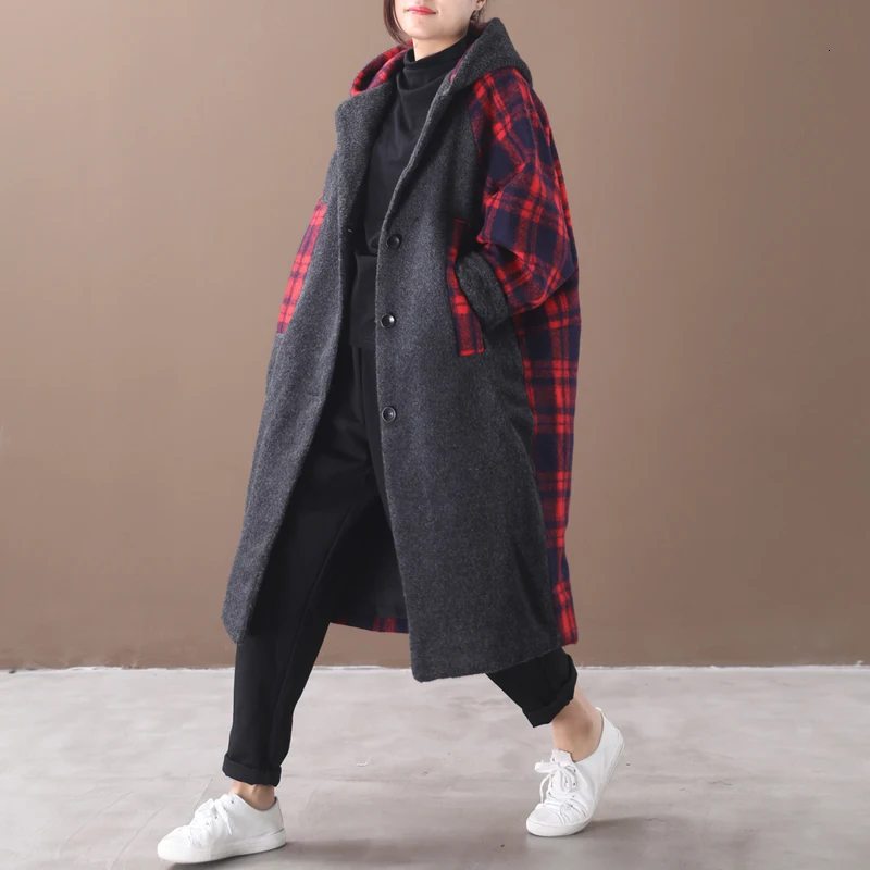 CHICEVER Plaid Hit Color Autumn Winter Coat Women Hooded Long Sleeve Oversize Casual Warm Coats Female 2020 Fashion New Clothes