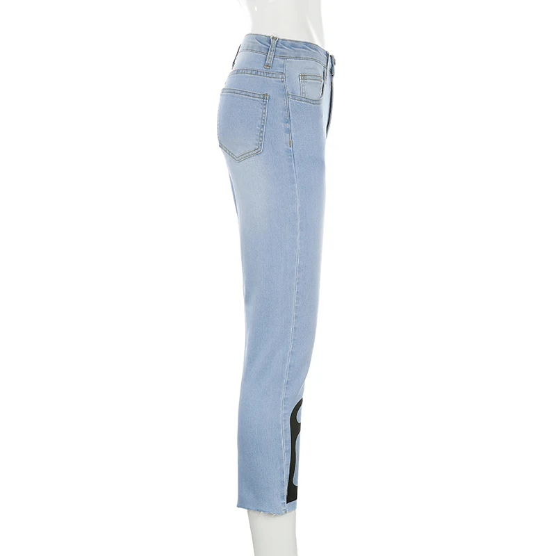 HEYounGIRL с принтом пламени Harajuku джинсы с высокой талией винтажные корейские джинсовые брюки женские повседневные Прямые синие джинсы Уличная одежда