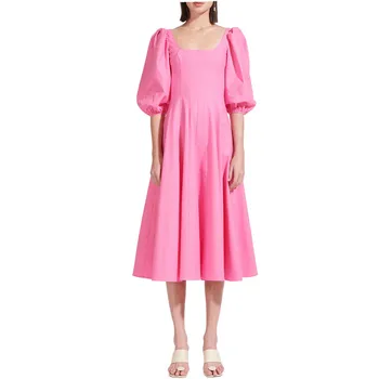 

Elegant Women Long Pink Dress 2020 Fashion Square Collar Lantern Sleeve Backless Fit Flare Mid-calf Dress Summer Holiday Dress