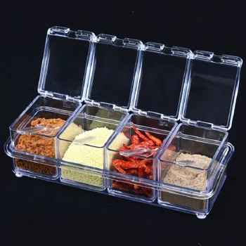 

Plastic Seasoning Boxes Non-slip with Cover and Spoon Condiment Jars Four Grid Salt Pepper Shaker Set Household Kitchen Tools