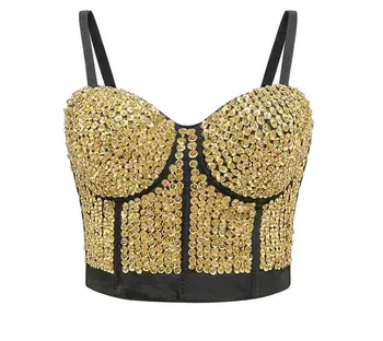 

Summer Sexy Gold Silver Rhinestone Beading Push Up Bustier Crop Top For Ballroom Party Camis