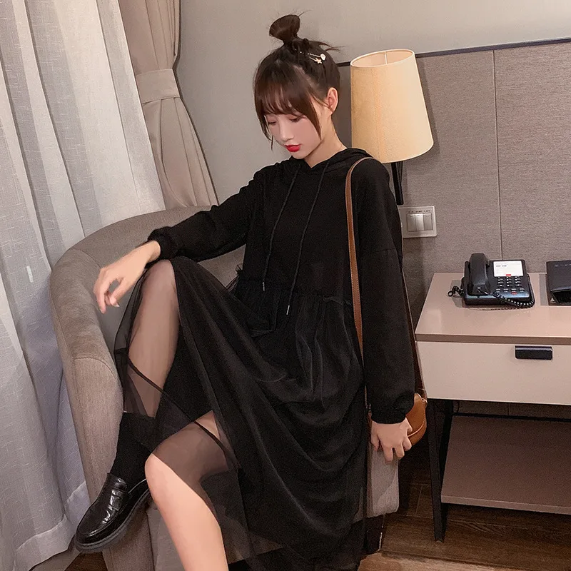 

Maternity Clothes Autumn Clothing 2019 New Style Korean-style Loose-Fit Mid-length Long Sleeve Gauze Hooded Pregnant Women Dress