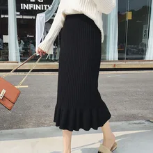 Осень Новая мода Уайлд высокая талия, тонкое Плиссированное юбка-годе Женская вязаная юбка Женские однотонные туфли из органической кожи узкие юбка-годе
