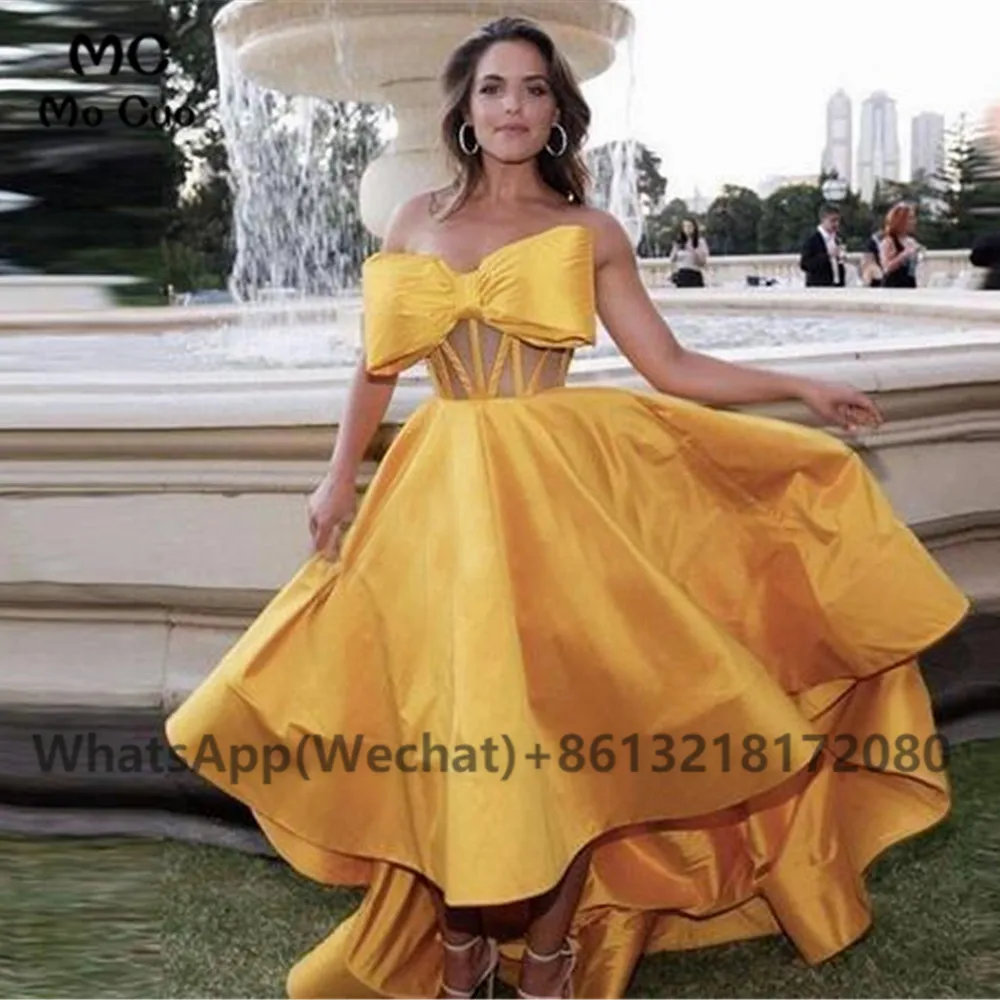 High Low Gold Big Bow Prom Dresses 2019 Strapless Illusion Bodice Hi-Lo Celebrity Gowns Special Occasion Dress Formal Evening Party Gowns (2)