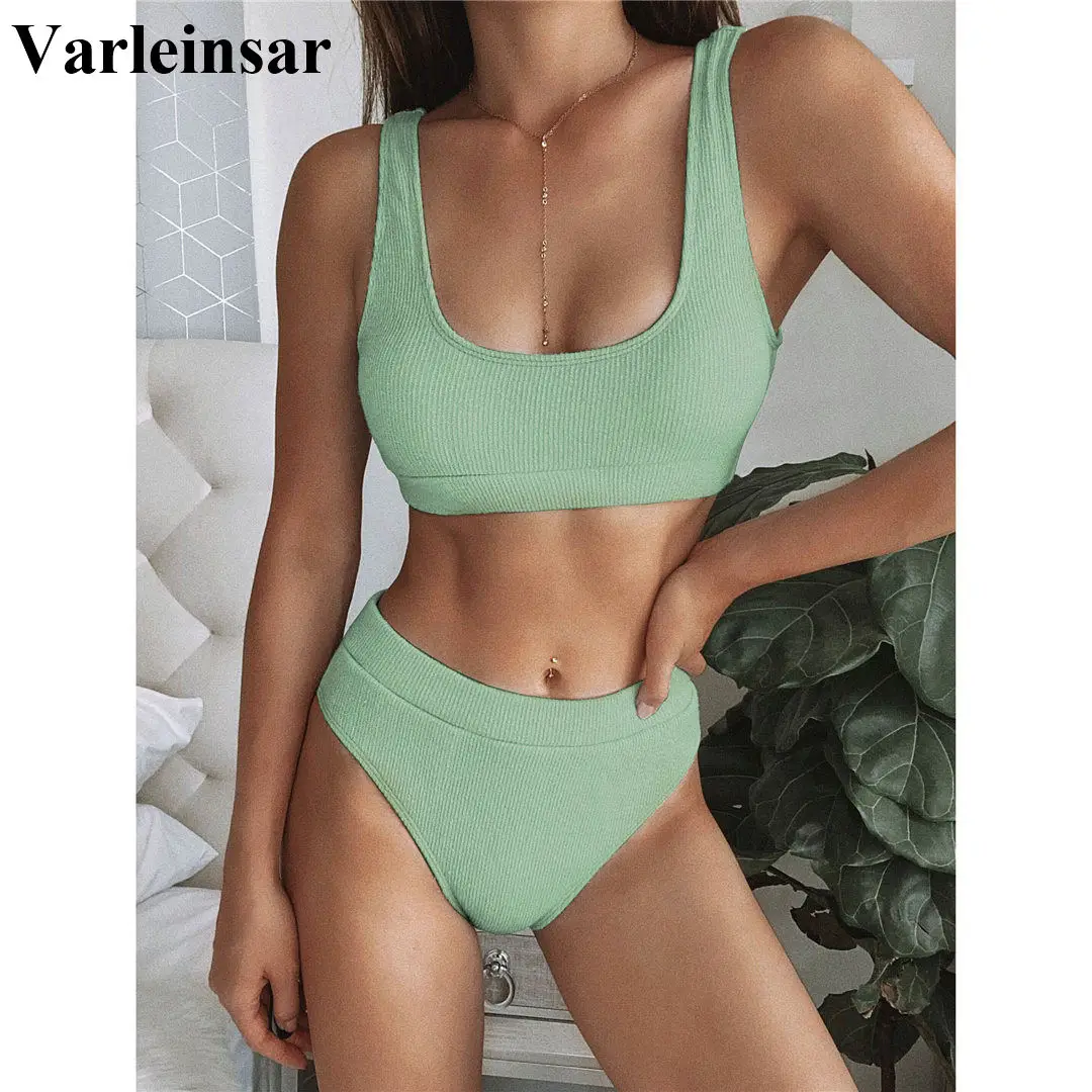 Bikini acanalado de cintura alta para mujer, bañador Sexy en 5 colores, conjunto de Bikini de dos piezas, traje de baño, ropa de baño V1946G 2021