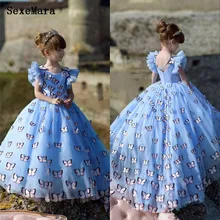 Платья для девочек с голубыми цветами; бальное платье с рукавами-оборками и объемными бабочками, украшенное жемчужинами; платье для дня рождения для маленьких девочек; Индивидуальный заказ